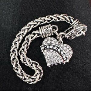 Silver Plated Heart Bracelet Engraved Blessed Charm Dangle Braided Rope Chain